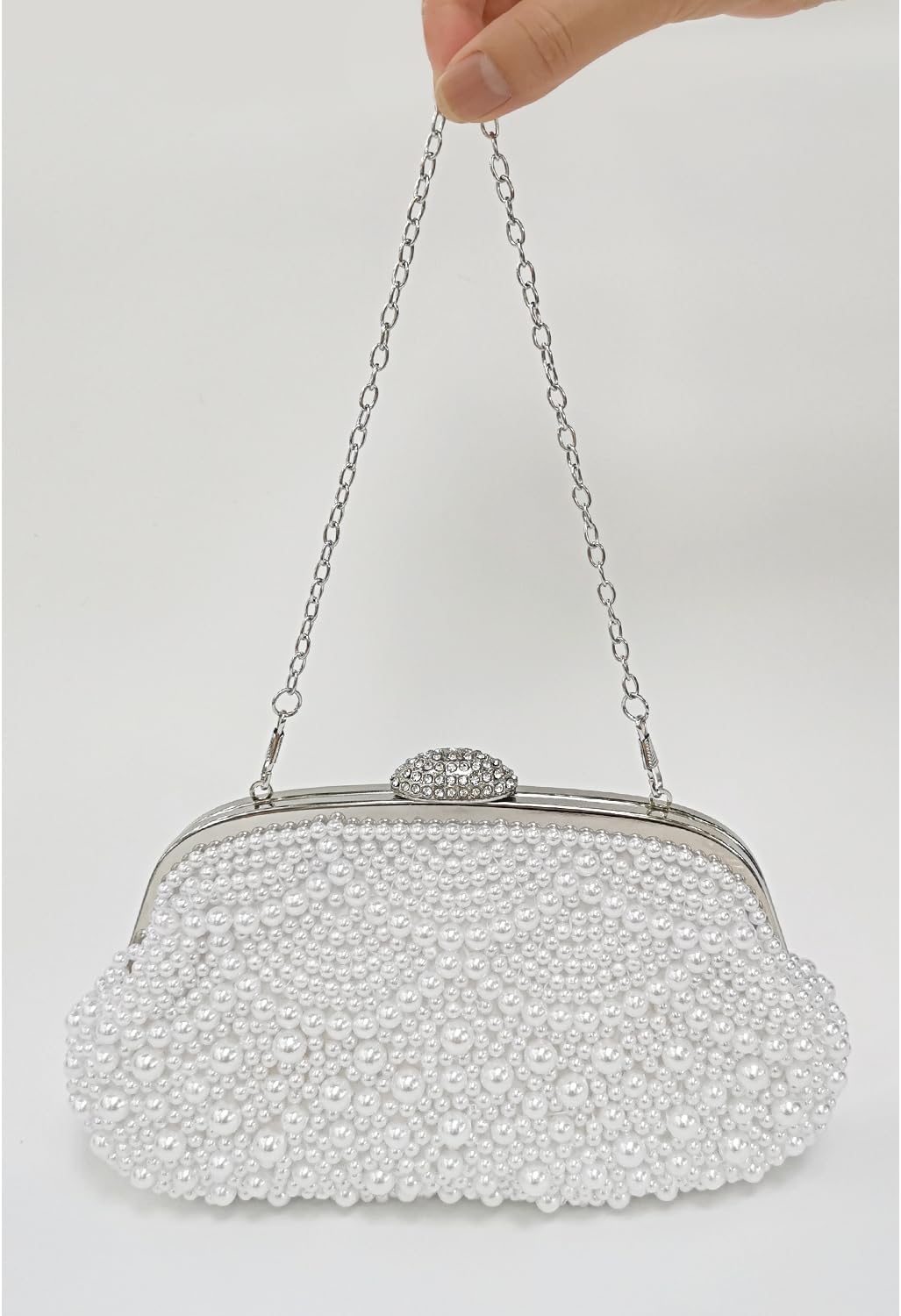 Aovtero Pearl Clutch Bride Bag Purse Women Wedding Prom Evening Bags Formal Full Beaded Handbag with Chain