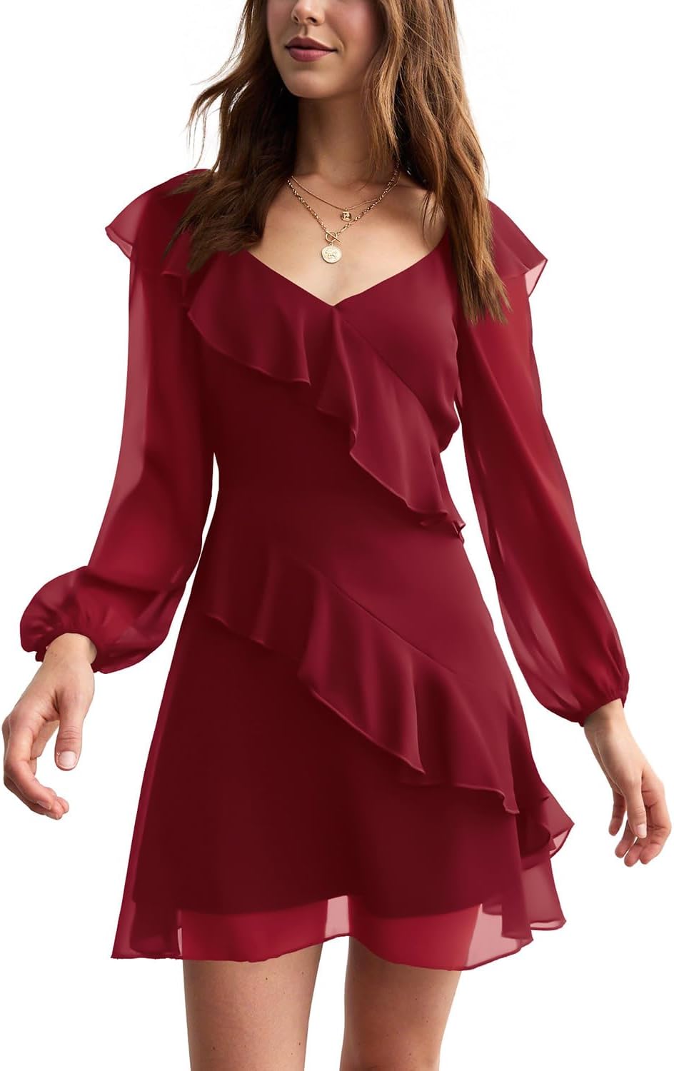 liher Womens Fall Dress Mesh V Neck Sheer Long Sleeve Ruffle Trim Cocktail Party Club Mini Dresses