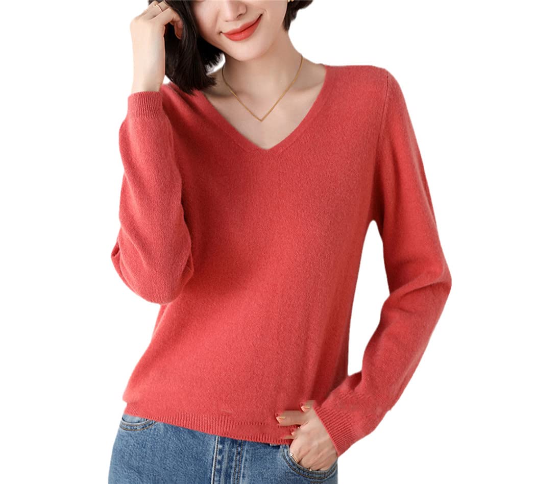 Maglione lavorato a maglia All-Match con scollo a V in lana da donna autunno inverno, Matcha Rosso, XL