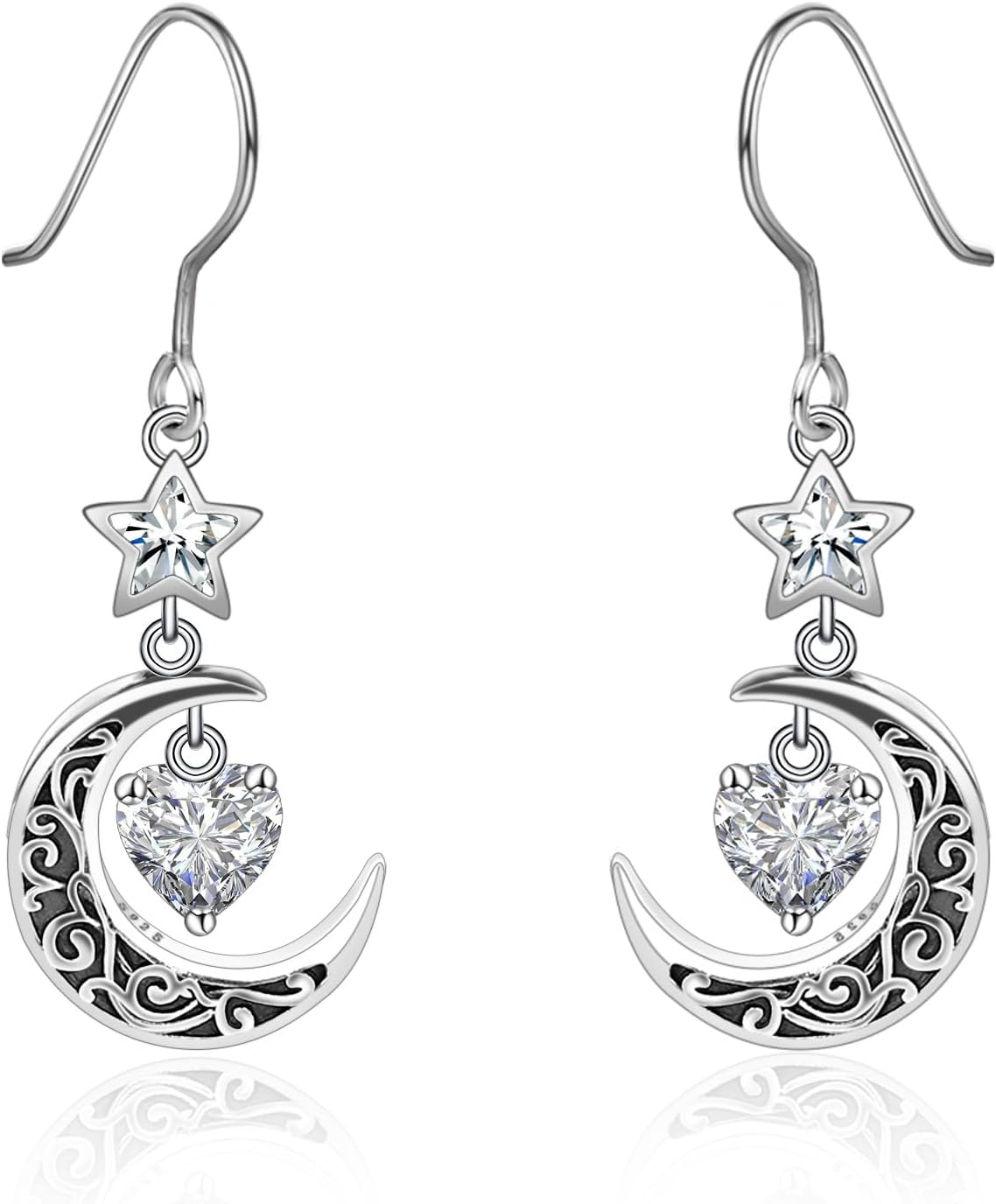 Shysnow Moon Birthstone Earrings for Women 925 Sterling Silver Half Moon Star Dangle Drop Earrings with Heart Crystal Birthday Jewelry for Women