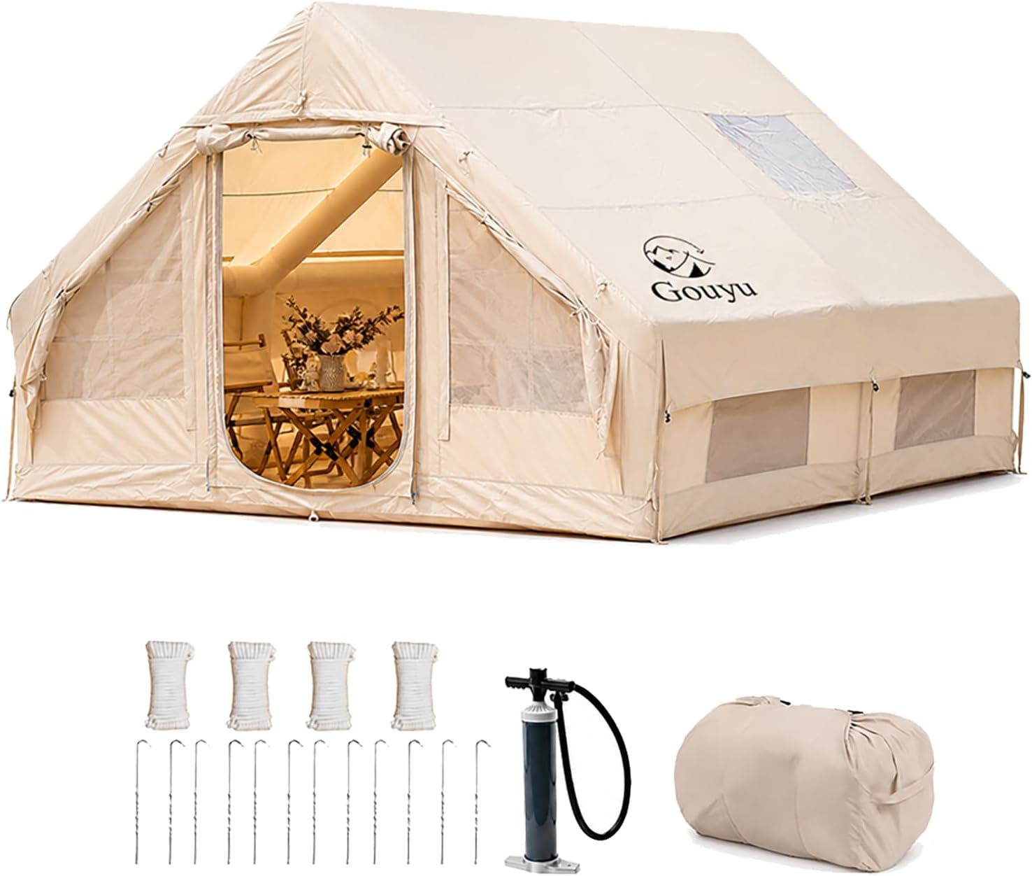 4-6 Person Inflatable Camping Tent, Panoramic PVC Skylight & Privacy Cover, 420D Oxford Waterproof UPF30+, PVC Air Beams, Mesh Ventilation, 5-Min Quick Setup Blow Up Tent for Family
