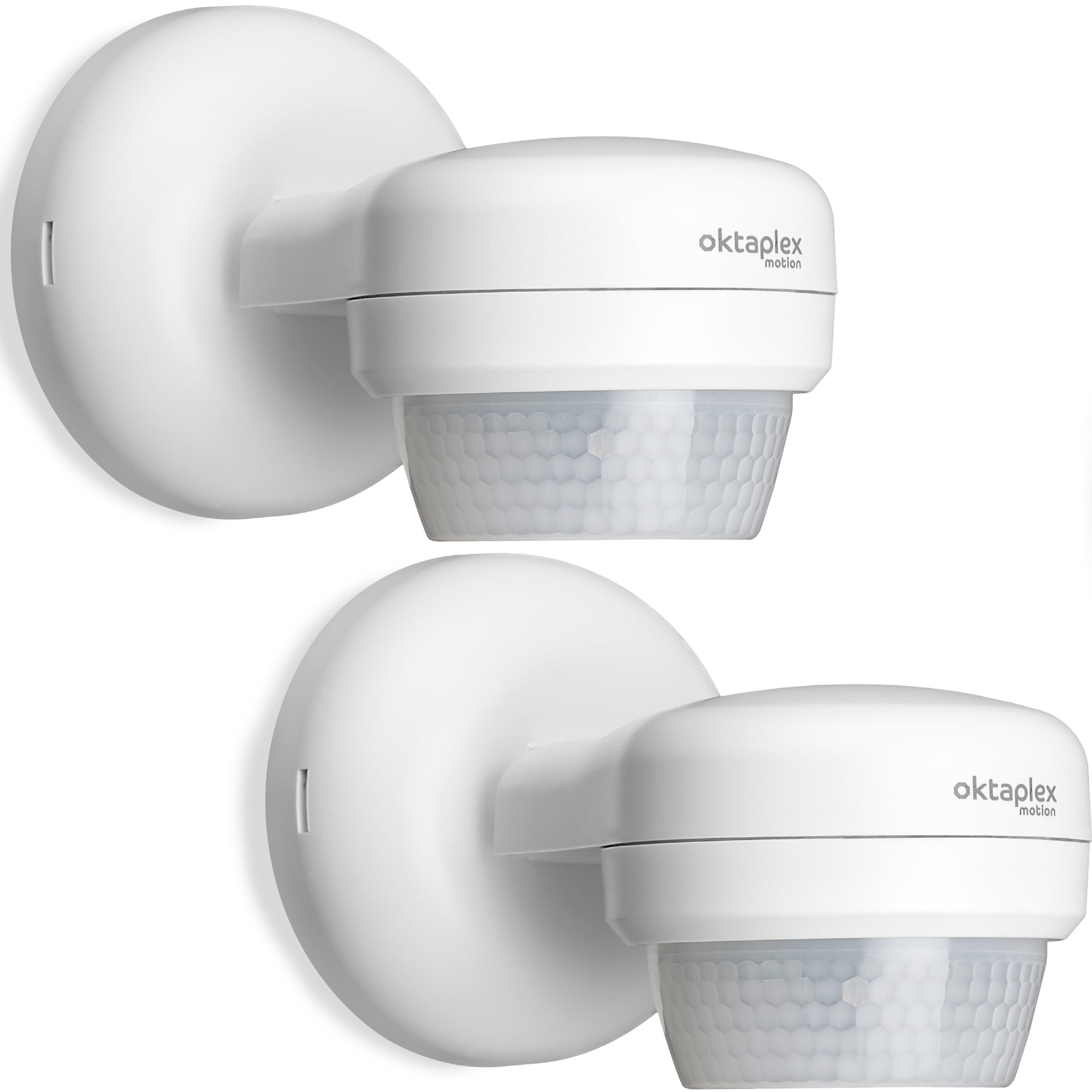 Oktaplex - Detector de movimiento (360 grados, exterior, giratorio, IP65, sensor de movimiento, 10 m, alcance 230 V, 2 unidades), color blanco | 360 grados 10 m IP65 sensor de infrarrojos exterior 230 V