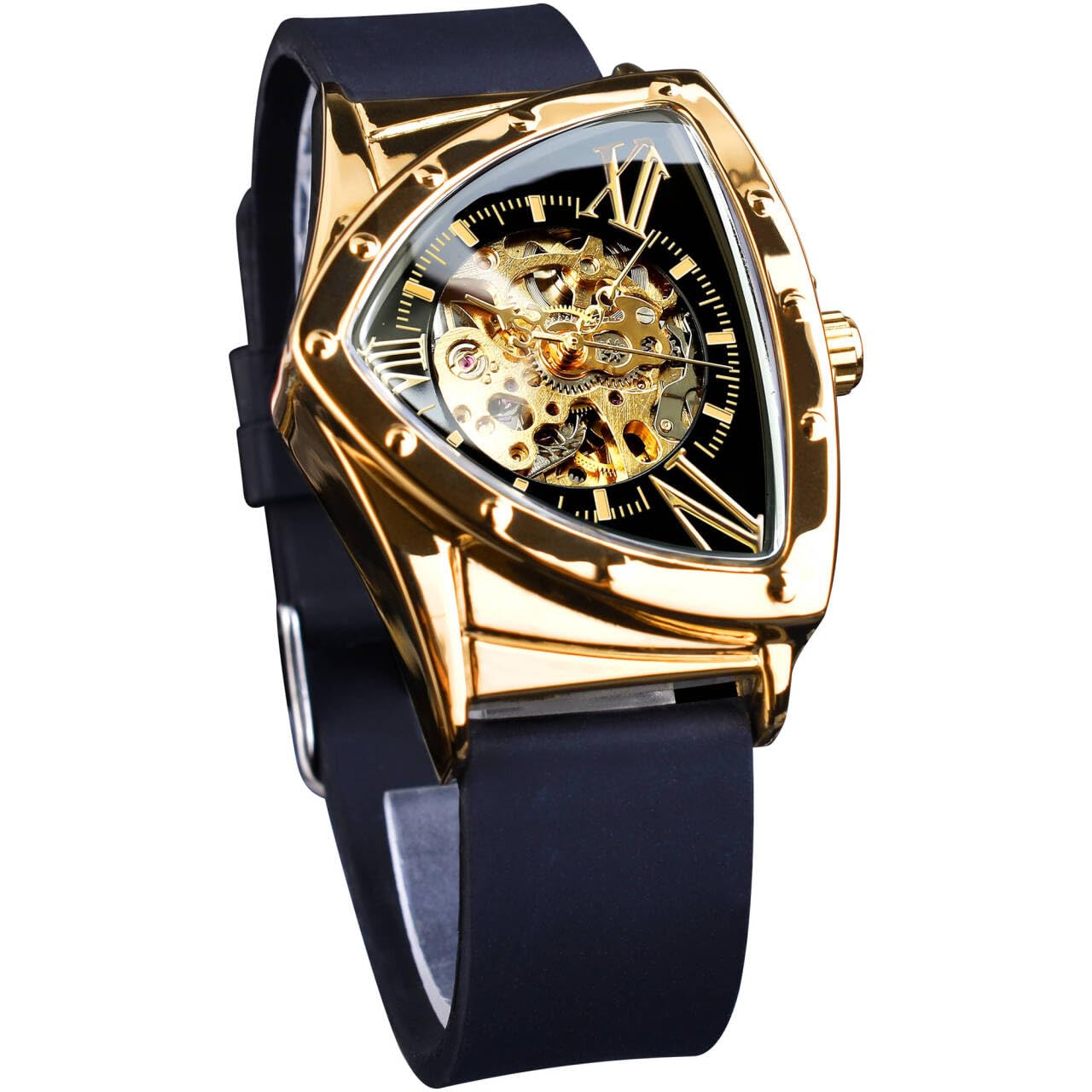 FORSINING Orologio scheletrato da uomo, meccanico automatico con quadrante triangolare, orologio luminoso a carica automatica, cinturino in silicone morbido