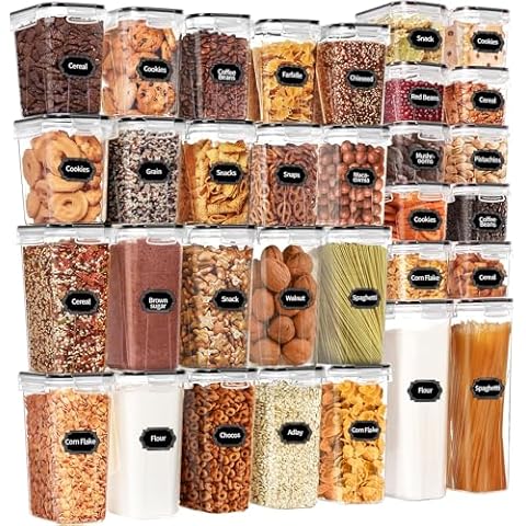 Skroam 32 PCS Airtight Food Storage Containers with Lids, Kitchen and Pantry Organizers and Storage, BPA Free, Plastic Food Storage Canisters for Flour, Sugar, and Cereal, Labels & Marker Cover