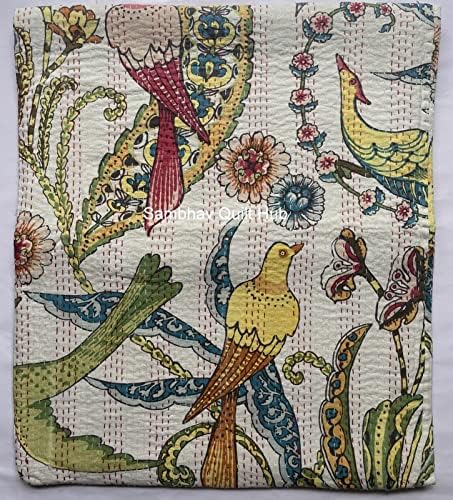 Sambhav Quilt HubHandblock Animal Print Handmade Cotton Kantha Quilting Boho Throw Blanket Hippie Queen/King Size Bohemian Block Kantha Quilt (White, California King 108"x108")