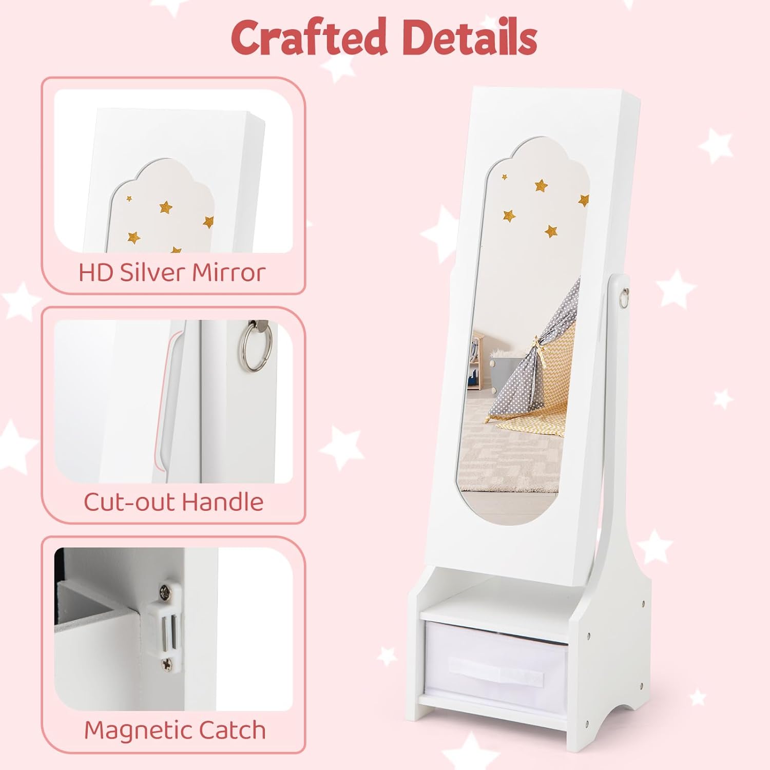 CHARMAID Kids Jewelry Armoire Cabinet - Standing jewelry Organizer for Girls, Full Length Mirror, Storage Drawers and Shelves, Kids Vanity Dressing Mirror with Storage (White)