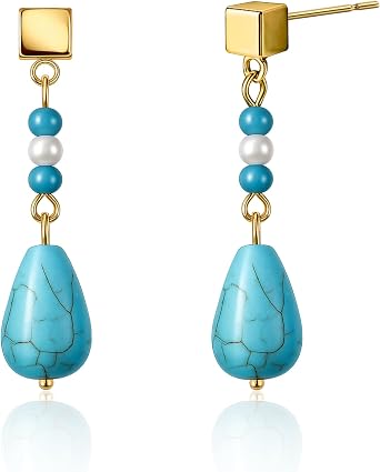 Long Turquoise Stud Earrings for Women | 18K Gold Plated with Teardrop Drop & Beaded Chain, Hypoallergenic Everyday Jewellery Gift