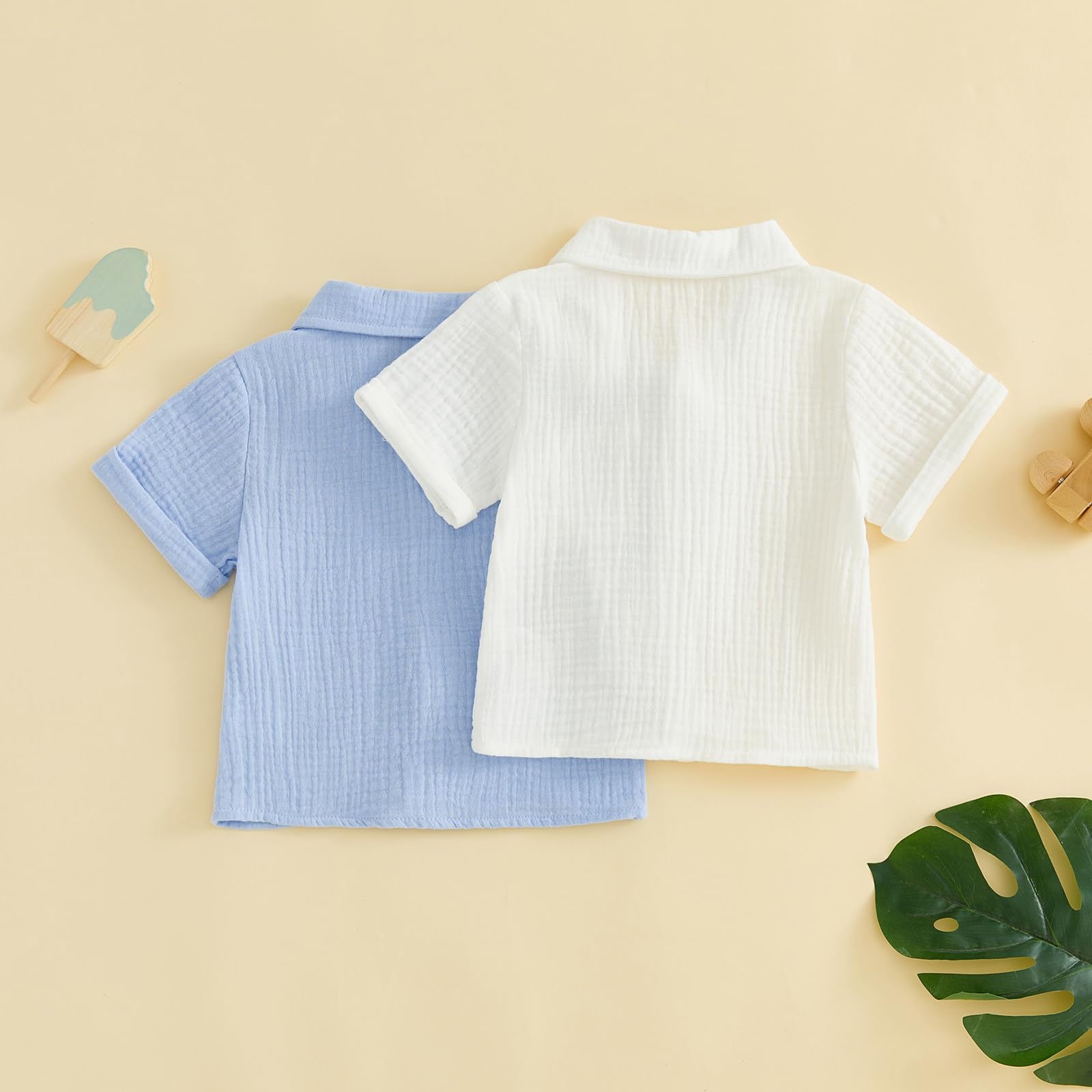 Lot de 2 polos pour enfant garçon - Couleur unie - Manches courtes - Col en V - Boutonné - Vêtements d'été en coton doux et lin - T-shirt basique