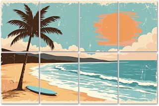 8 Pack Art Acoustic Panels Sound Absorbing Tropical Beach Palm Tree Surfboard Vibrant Sunset Decorative Soundproof Wall Panels Self Adhesive for Recording Studios Office 48"x32"