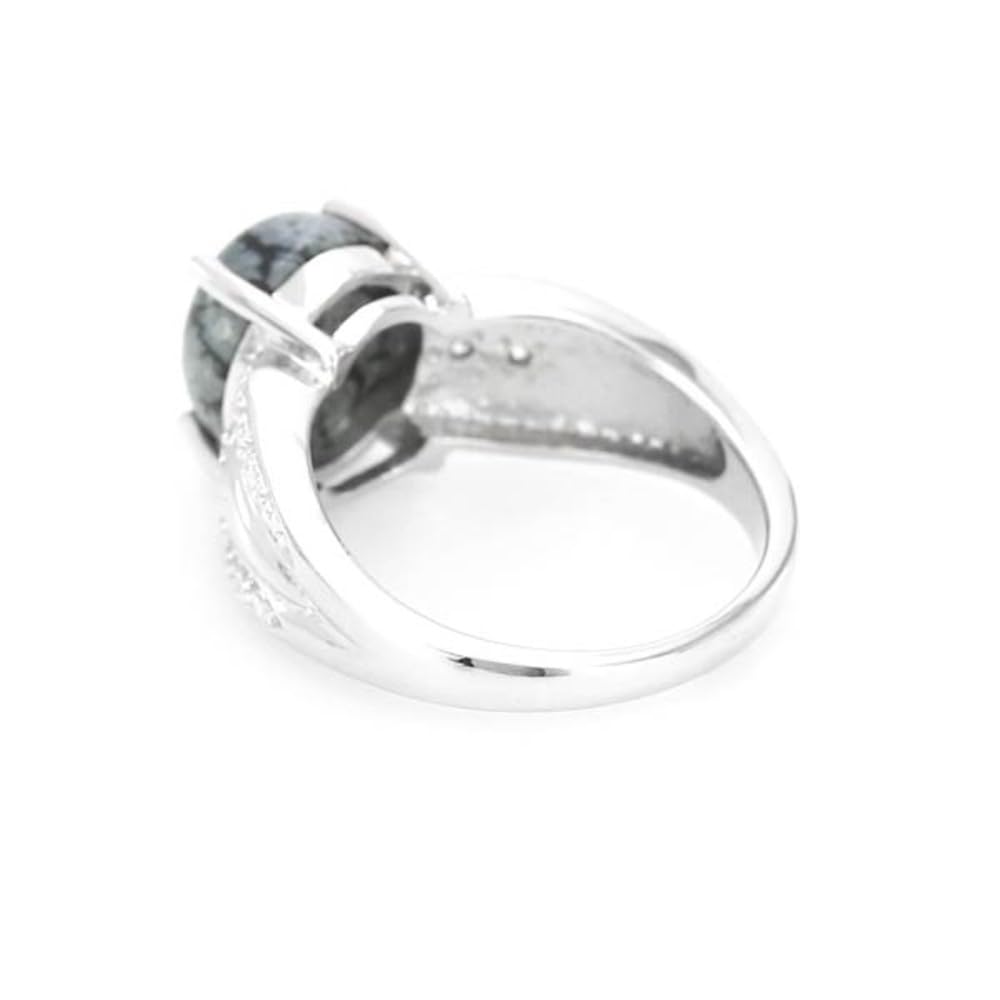 Cavill Schneeflocken Obsidian Ring 3,81 ct ovaler Cabochon mit 925er Sterlingsilberband und 4 funkelnden Zirkonen aus Kambodscha, eleganter Silberring Größe 16