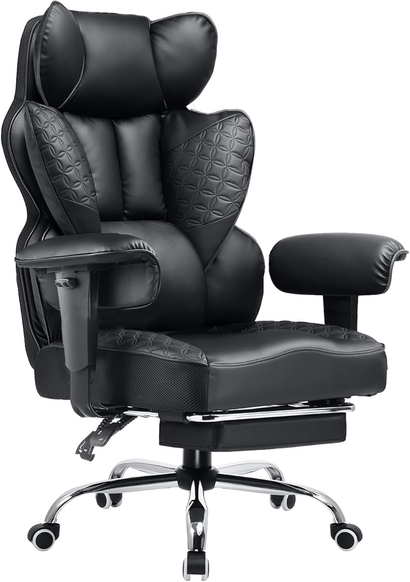 COMHOMA Big and Tall Office Chair 400LBS Wide Ergonomic Gaming Chair with Deluxe Embossing Designed Leather with Foot Rest,150°Reclining Adjustable Armrests Pocket Spring Back Support and Pillow