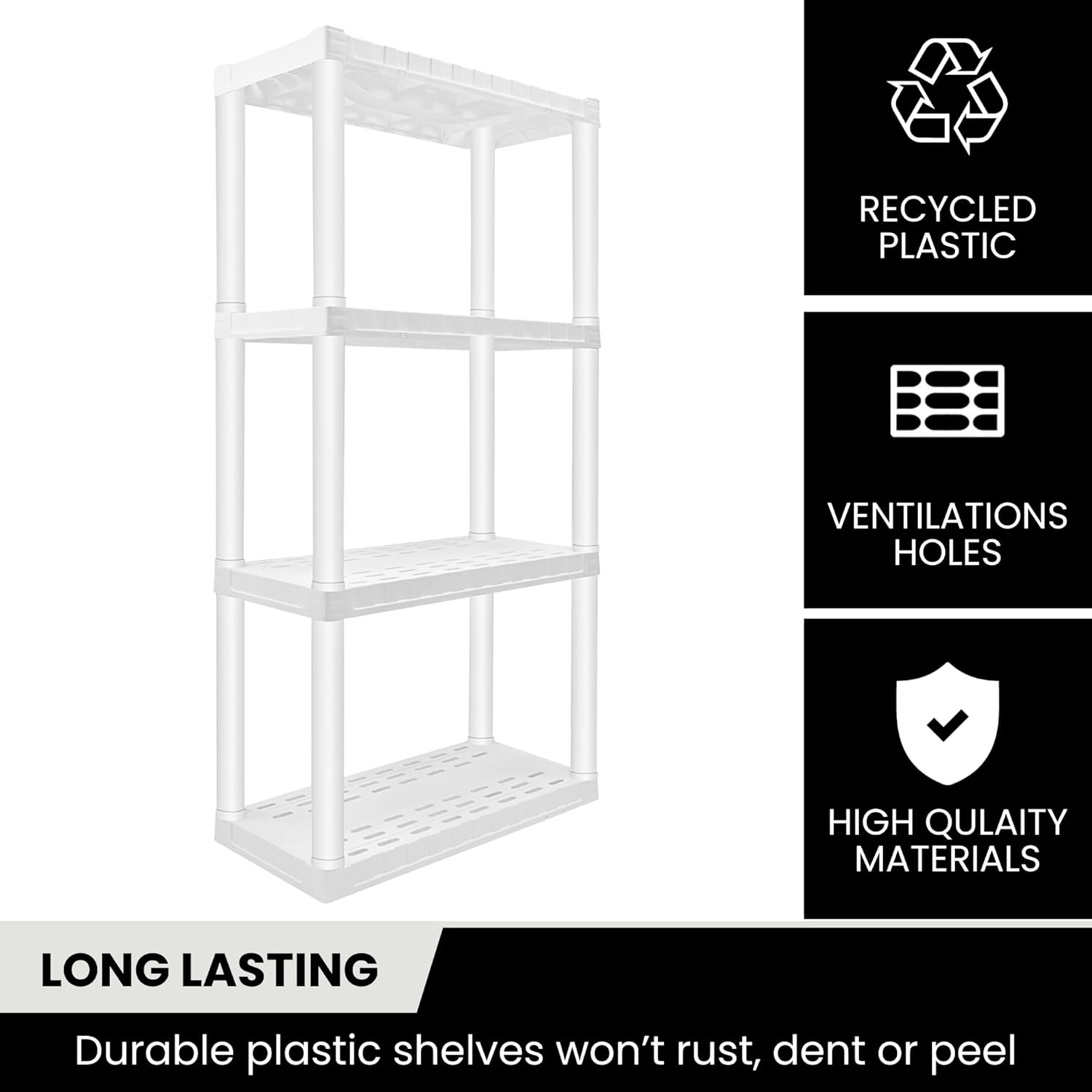 Oskar Heavy Duty Plastic Storage Shelves- for Garage, Kitchen, Bathroom Basement, Kids Room, Toys,Stackable 4-Tier White, Organizer Rack for Books Shoes, Pantry, Cleaning and Closet Organization