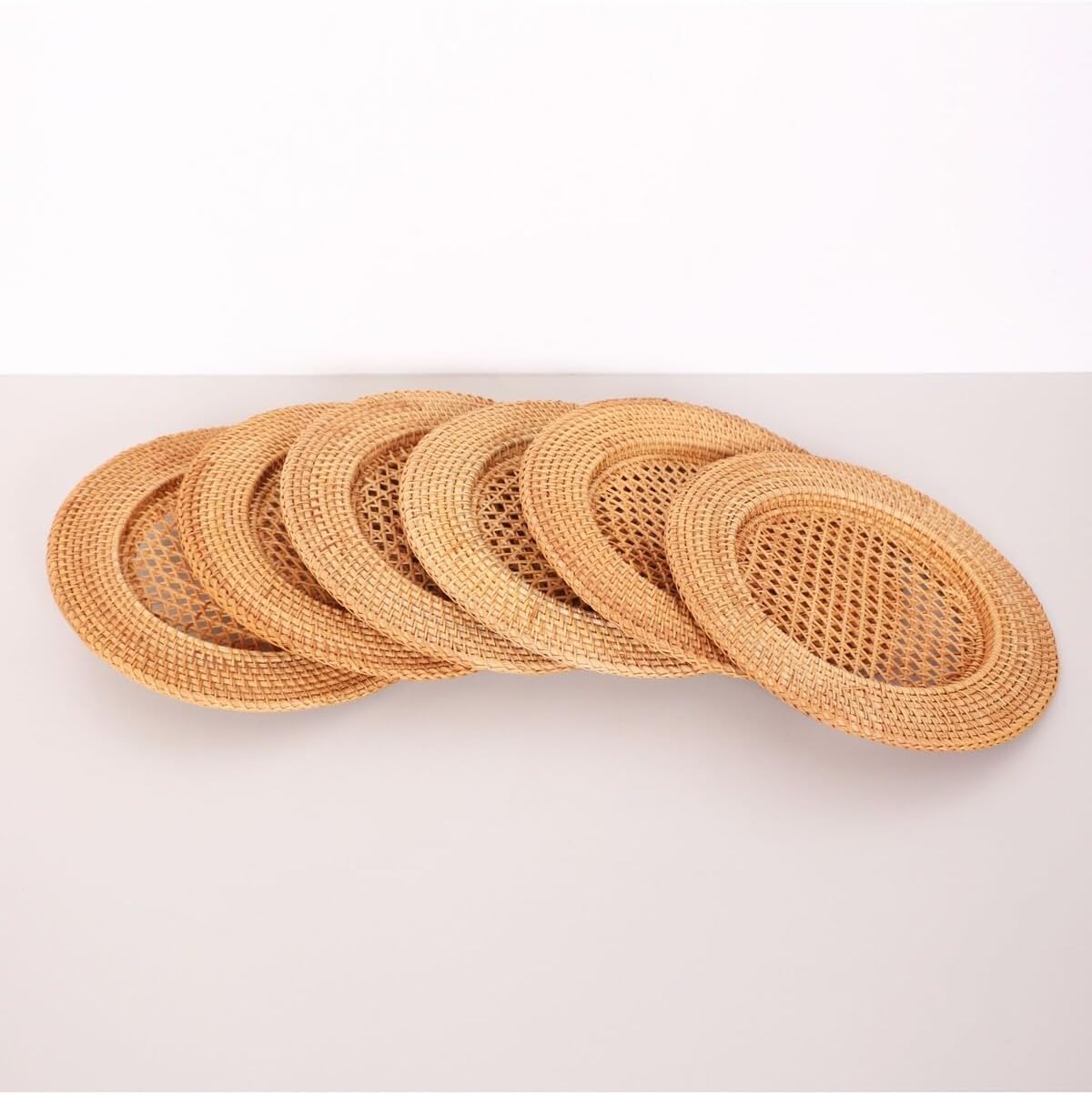 Rattan Placemats Set of 6 Bohemian Style Woven Table Mats 14 inch Round Beige for Dining Table Decor - Beige, 12x12 inch