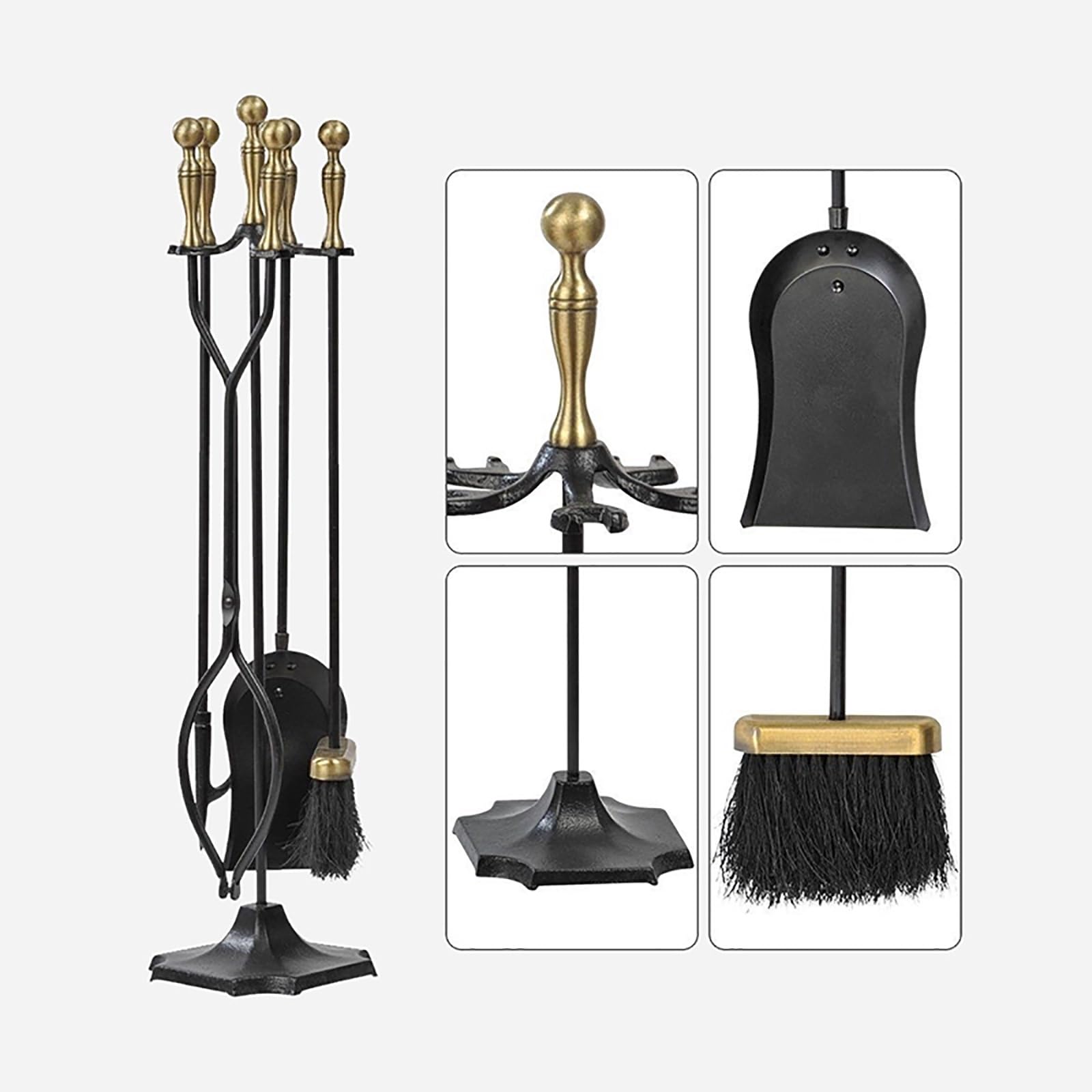 Set di 5 attrezzi per camino, manici in ottone e ferro battuto, accessori per camino, con supporto, pinze da attizzatoio, paletta, spazzola, per interni ed esterni