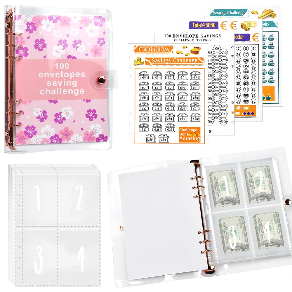 A5 Raccoglitore per Risparmiare Denaro con Buste Trasparenti, Diario Money Saving, Risparmio Divertente €10000/€5050/€500 - Rosa