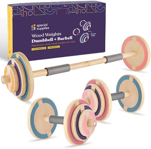Miniatura 7 de Special Supplies Juego de pesas de madera para niños, juego de mancuernas ajustables y mancuernas para equipo de gimnasio en casa, juego de