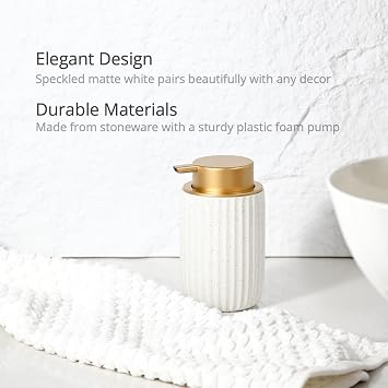 Speckled White Ceramic Foam Dispenser, Rippled Shape Gold Top