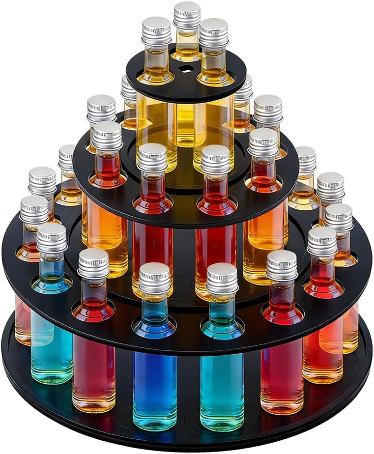 NBEADS 3 Tier Mini Liquor Bottle Cake Display Shelf, Acrylic Party Centerpiece Display for Mini Liquor Bottles 21st Birthday Decoration Centerpiece, Inner Diameter: 0.39-0.71inch