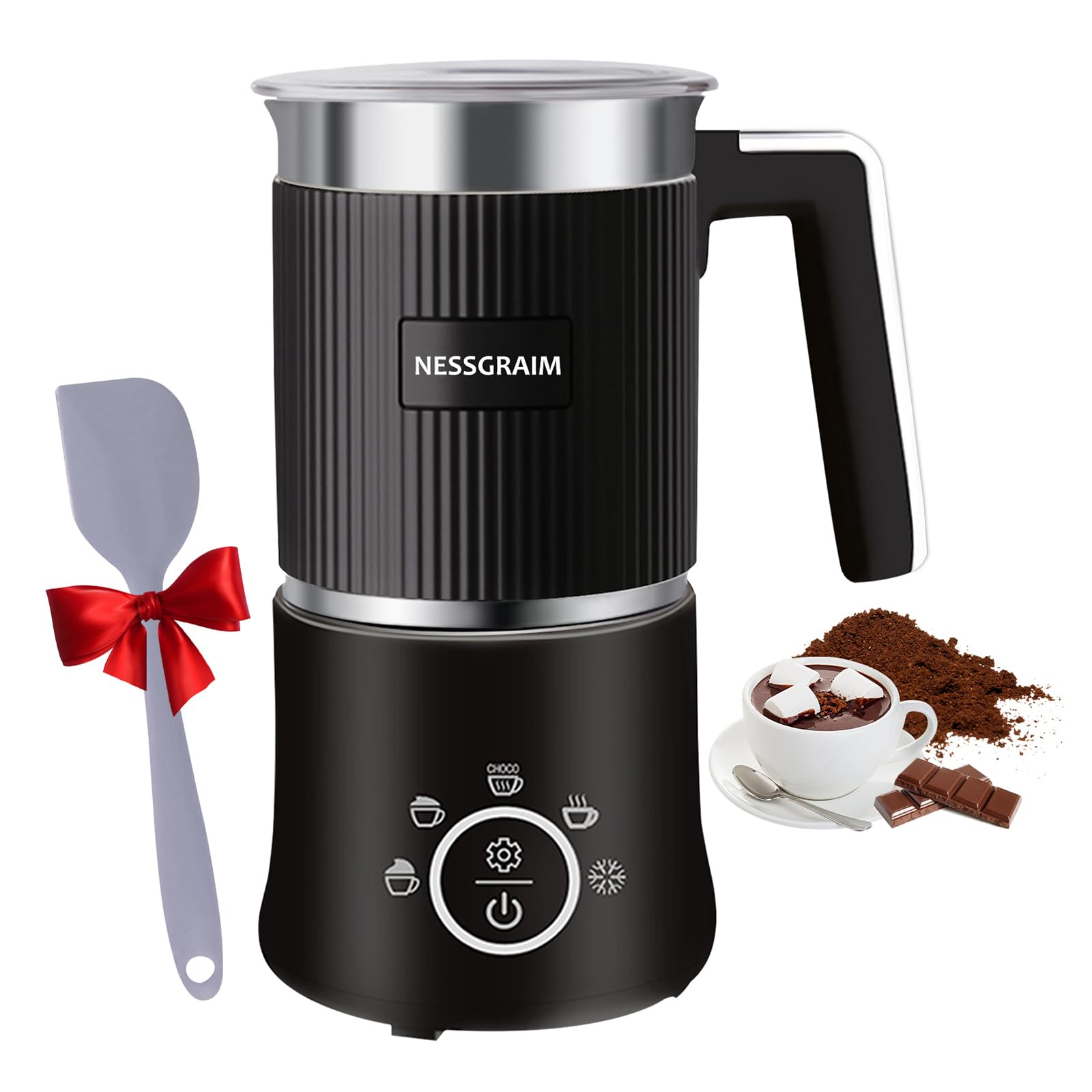 NESSGRAIM 5-in-1 Electric Milk Frother, Automatic Milk Frother & Steamer for Hot & Cold Foam, Large Capacity Milk Warmer for Latte Cappuccino, Hot Chocolate Maker, Dishwasher Safe, Black
