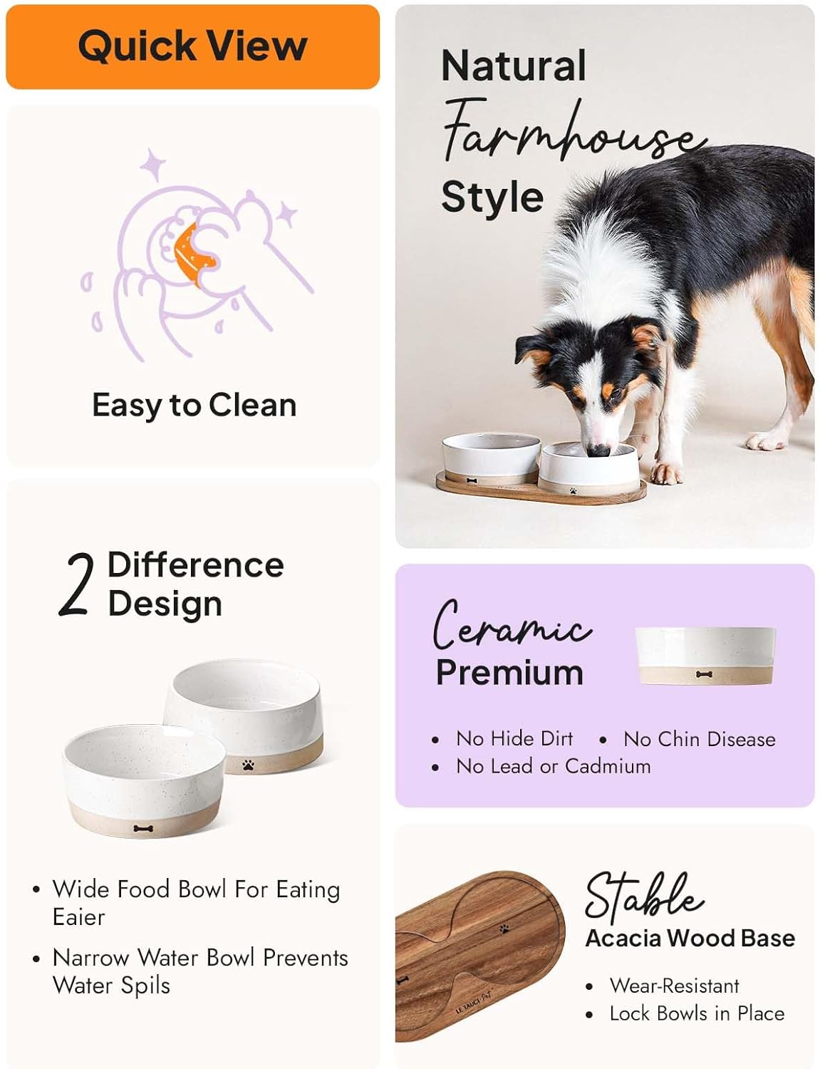 LE TAUCI PET Ceramic Dog Bowls for Medium Small Dogs - 3.2 Cup Medium Dog Food and Water Bowls with Acacia Wood Tray, Dual Food and Water Bowls with Weighted Non-Slip Base - Image 5