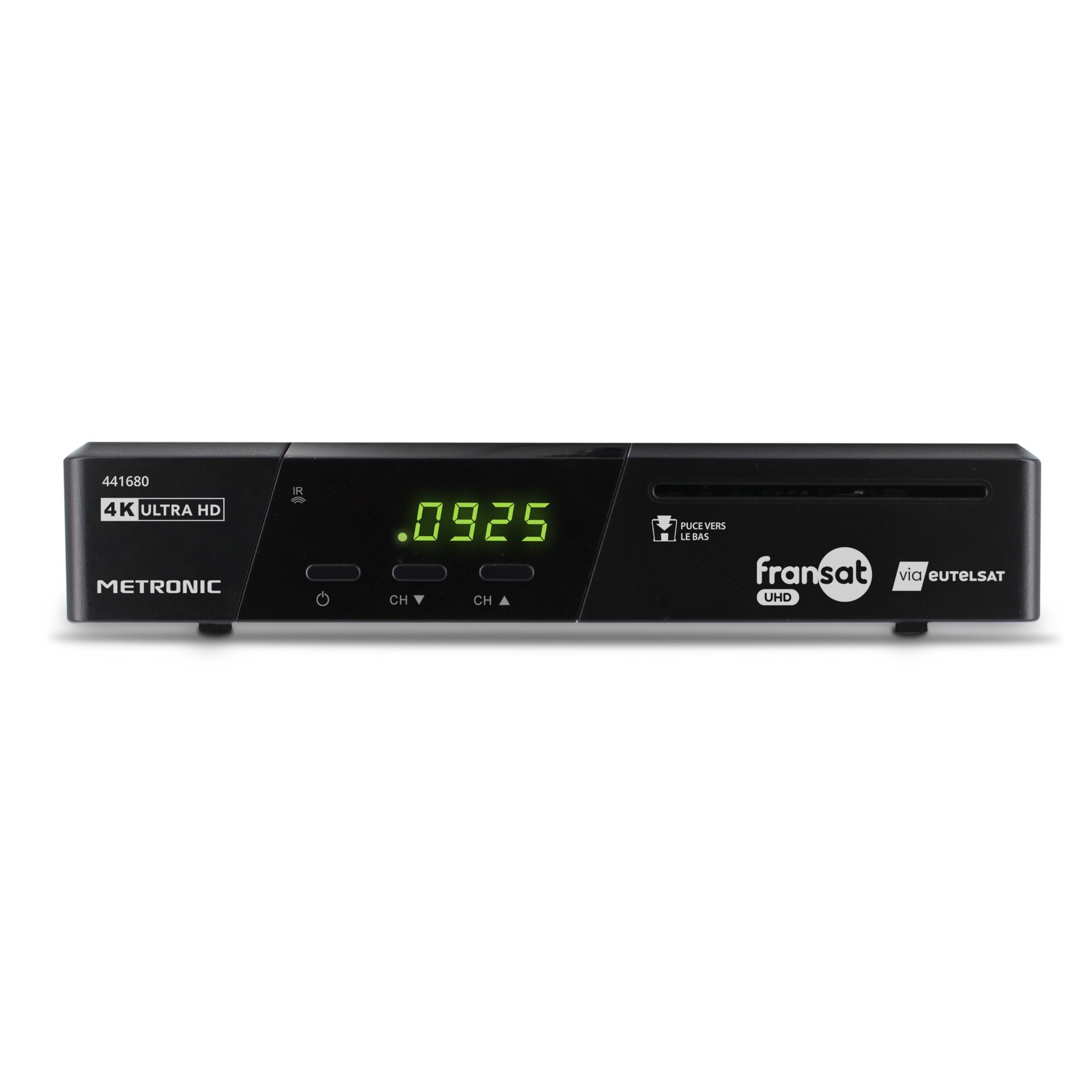 METRONIC 441680 Fransat 4K UHD HDR10 Satélite, Recepción de TDT, Sonido Dolby Atmos, Puerto USB de Doble Potencia, Tarjeta Fransat incluida, Pausa y reproducción de TV (Time Shift)