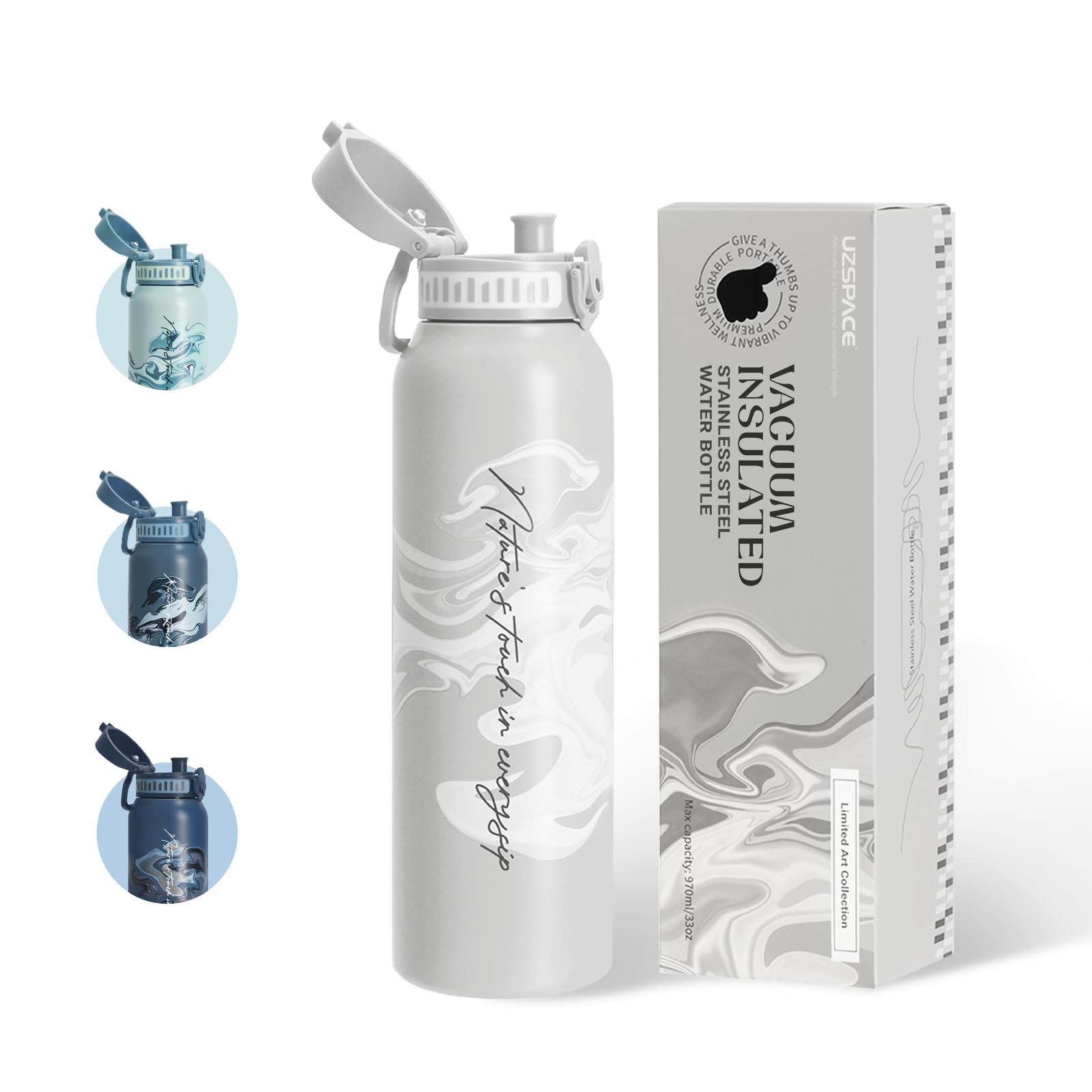 UZSPACE Stainless Steel Water Bottle 1l (970ml) - Double-Walled Insulated Water Bottles that Keep Drinks Cold & Hot - ArtisticPrint Drinking Bottles for Adults - Ideal for Outdoors & Sports Flint Grey โ image 1