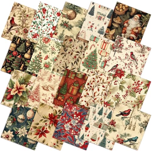 FuWeave 60 Pcs 10 x 10 Inch Vintage Christmas Quilting Fabric Rustic Christmas Fat Squares Patchwork Precut Strips Santa Claus Red Cardinal Fabric Bundles for Xmas Quilting Crafting DIY Craft Sewing