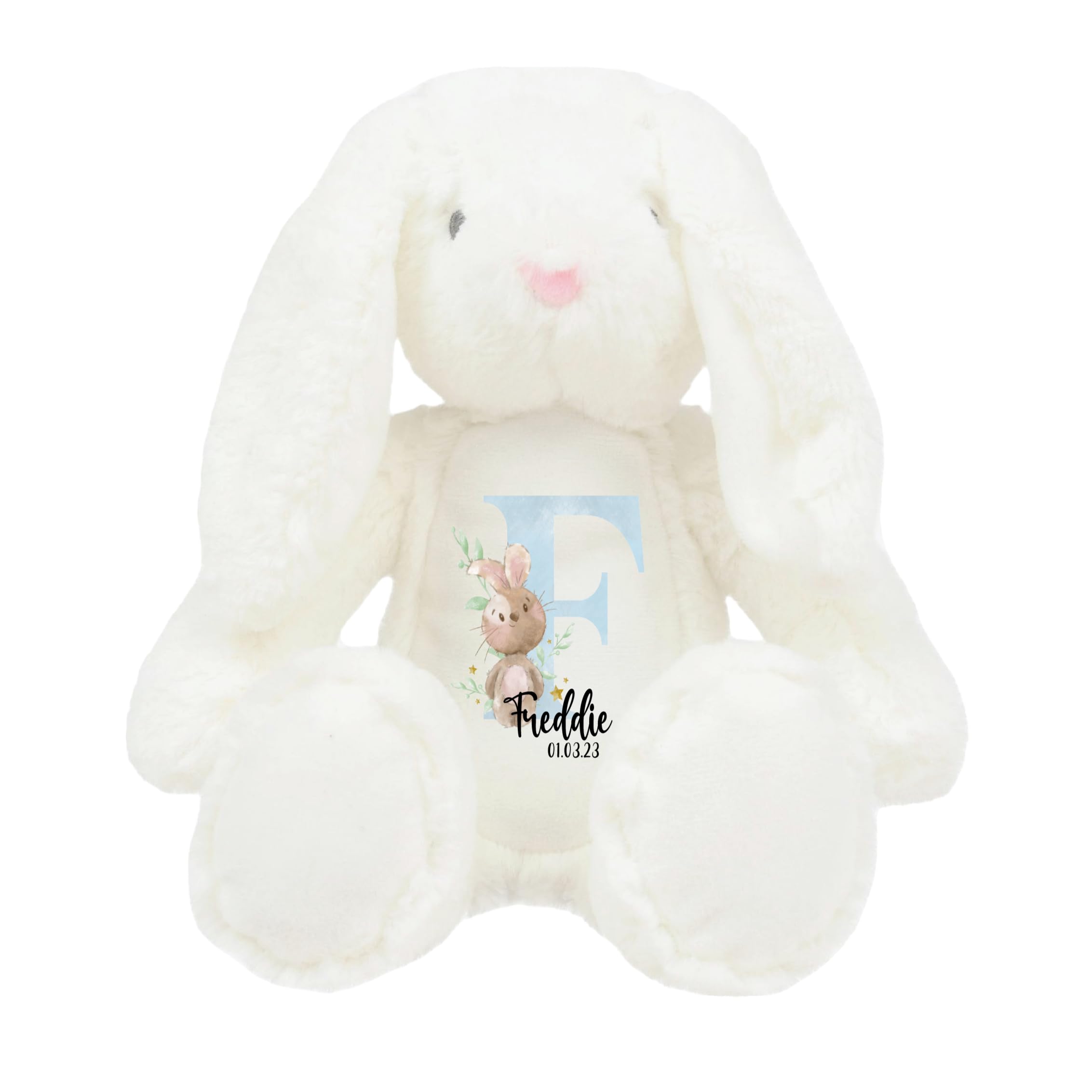 Crafted Memories - Personalised Teddy | Velveteen Bunny Soft Toy | Customisable Name for Newborns | Keepsake for Boys & Girls | Baby Shower Item | Blue Initial | Grey or White, 20-23cm