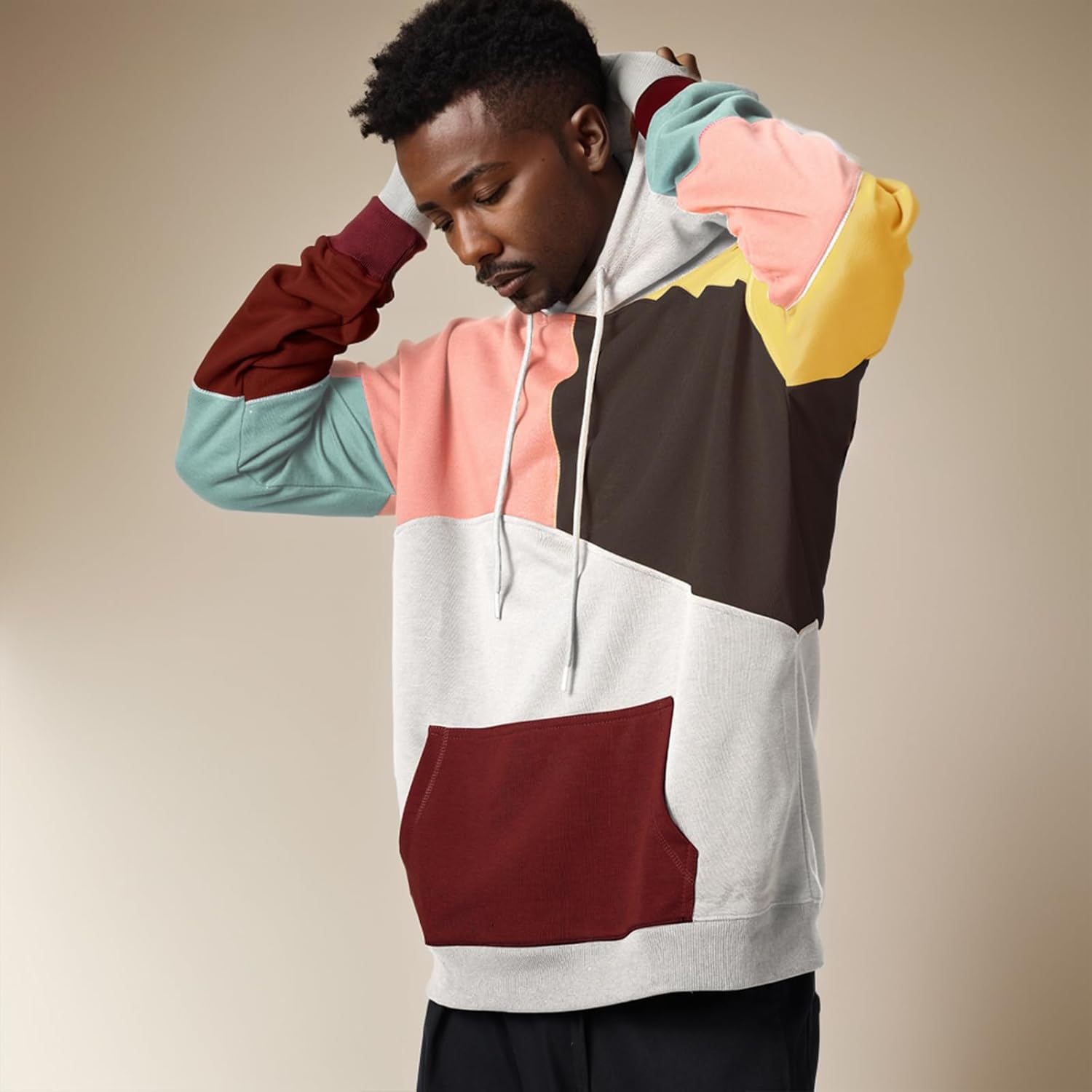 Men's Hoodie Streetwear Hip Hop Hoodies Sweatshirt Contrast Color Long Sleeve Pullover - Image 3