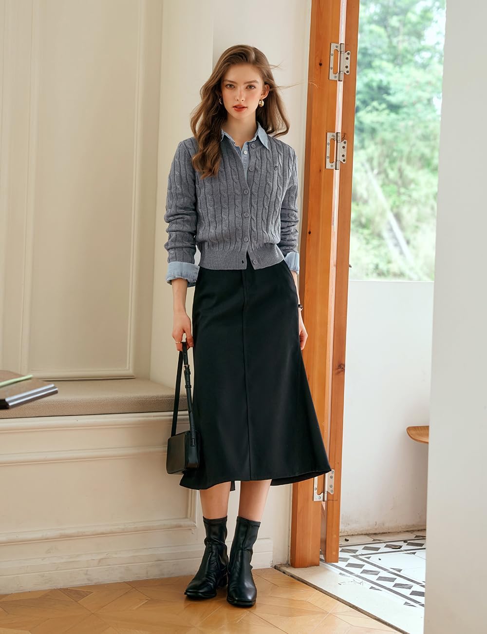 Women's Grey Cable Knit Sweater Cardigan, Round Neck Long Sleeves Button Closure Cropped 2025 Autumn Sweater - Image 6