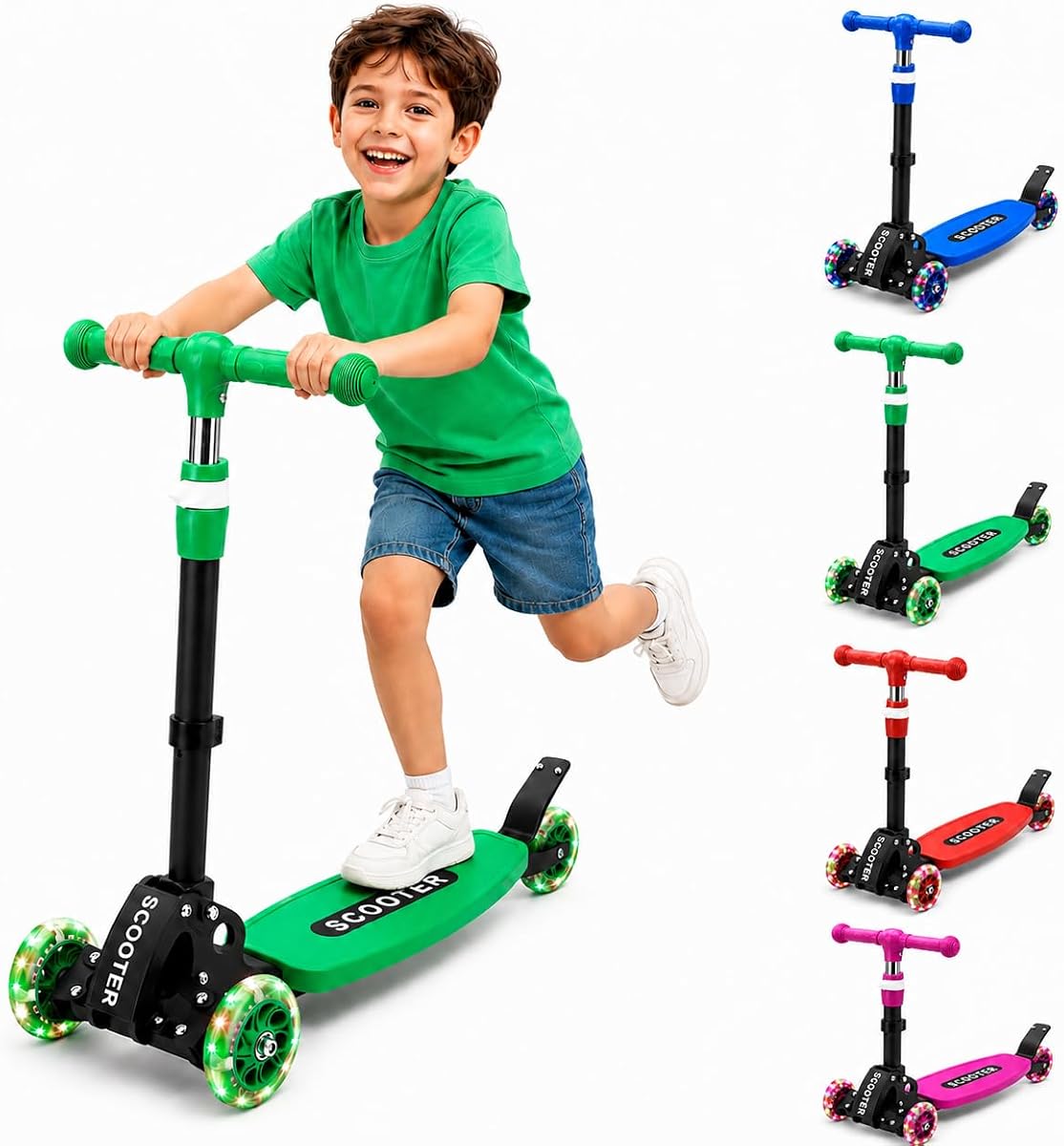 Patinete para niños, patinete para niños de 2 a 7 años, patinete de 3 ruedas iluminado, patinetes plegables de alta resistencia con 3 manillares ajustables para niños y niñas, color azul