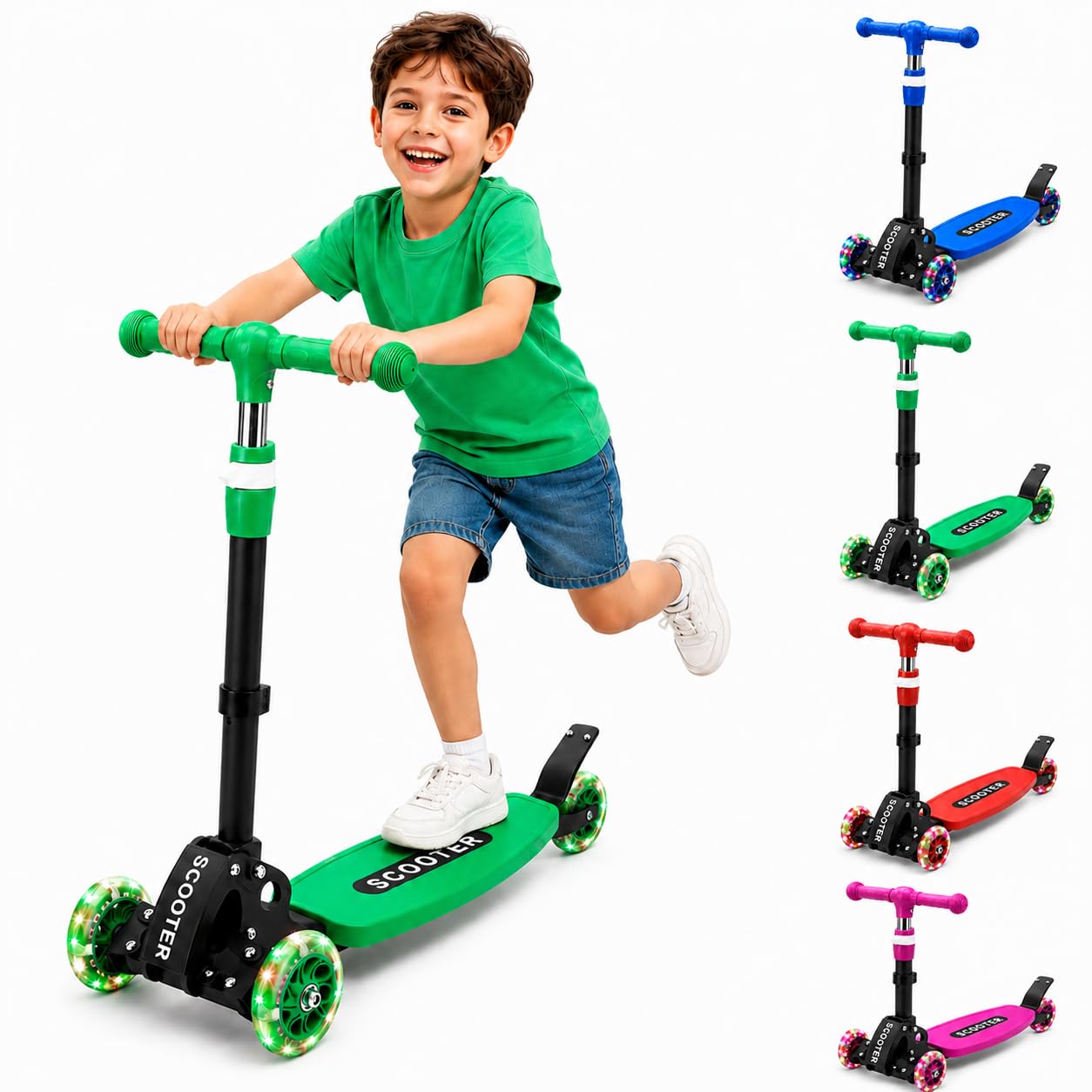 Patinete para niños de 2 a 7 años, patinete iluminado de 3 ruedas, patinete plegable resistente con 3 manillares ajustables para niños y niñas, color azul