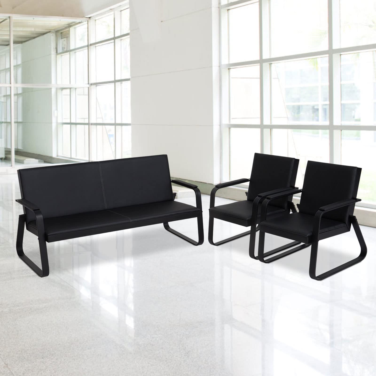kinbor Waiting Room Chairs - Office Chairs & Sofas, Black PU Leather Office Reception Chairs, 3 Pieces Lobby Chairs Waiting Room Bench with Back