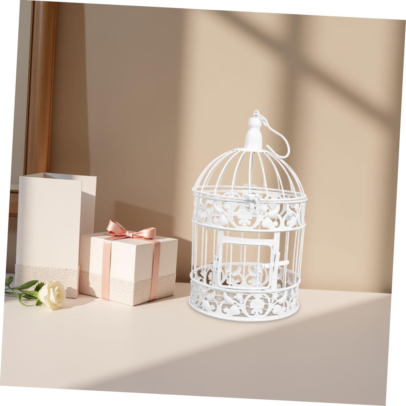 Decorazione a Gabbia per Uccelli in Ferro Stile Europeo Bianca 14x14x32 Cm per Feste Matrimonio Ornamento da Scrivania Espositore Bomboniere Decorazione Vetrina Elegante