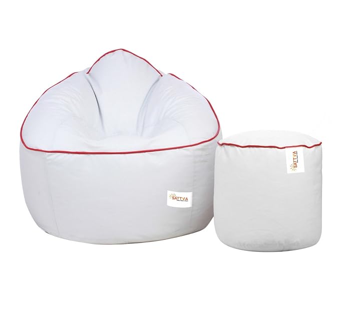 Sattva Combo Muddha Bean Bag Cover and Round Footstool Cover (Without Beans) - (White with Red Piping)