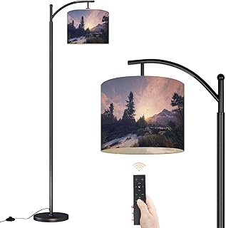 Arc Floor Lamp North Snow capped Mountains Pine Trees Sunset Cloudy Sky Forested Area Dimmable Modern Standing Lamp with Remote Adjustable Drum Shade Footswitch Tall Pole Lamp for Living Room Bedroom