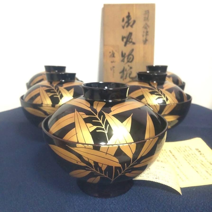 会津塗 天然木 蓋付 椀 お椀 5客 箱付 金彩 高級漆器 雀山 Amazon.co.jp: 会津塗 天然木 蓋付 椀 お椀 5客 箱付 金彩 高級