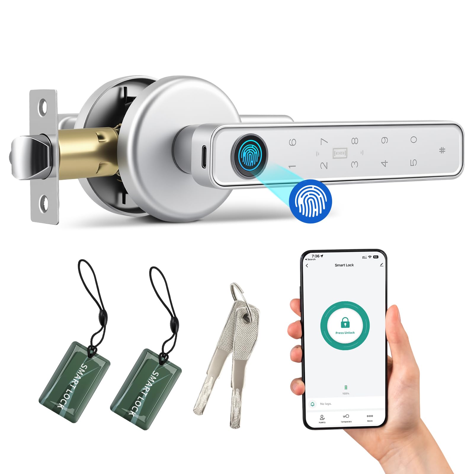 Serrure de porte électrique intelligente avec empreinte digitale, Smart Lock pour porte intérieure – Serrure électronique à empreinte digitale avec Bluetooth, mot de passe, application, carte IC et