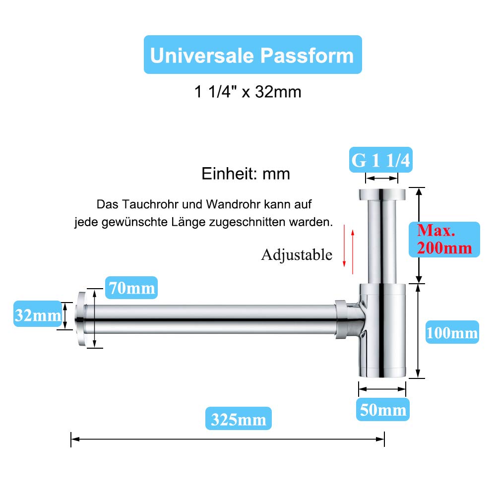 Laiton Siphon de Lavabo, Keymark Universel Syphon Design 1 1/4 x 32mm, Réglable Anti Odeur, Chromé