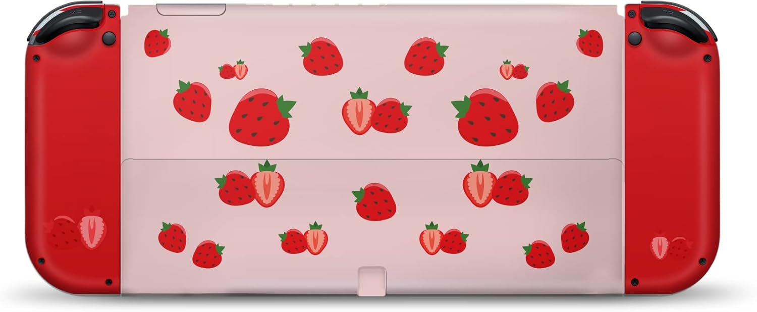 Tacky Design Strawberry Skin Compatible Nintendo Switch OLED Wrap Cover - Pink Skin, Premium Vinyl 3M Full Wrap Decal for Joy-Con, Console, Dock