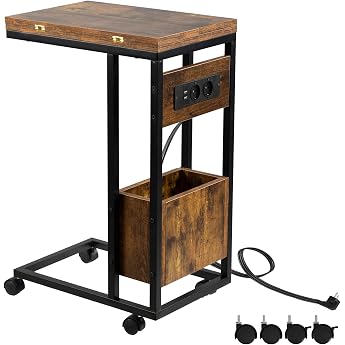 Hadulcet Side Table Couch Side Table C Shape Folding Table Top Laptop Table with Wheels Shop Station Narrow Side Table for Living Room Bedroom 70 cm High End Table Dark Brown