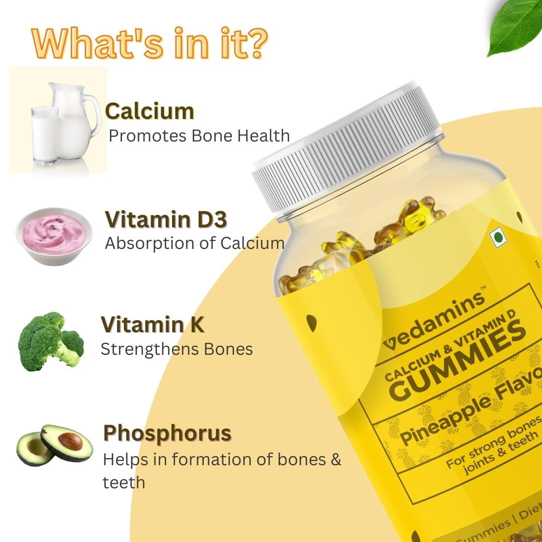 Calcium & Vitamin D Gummies for Men, Women & Kids | Bone & Teeth Health | Tasty Chewable Supplement | 100% Vegetarian | Pineapple Flavour | 30 Gummies — Amazon image 3