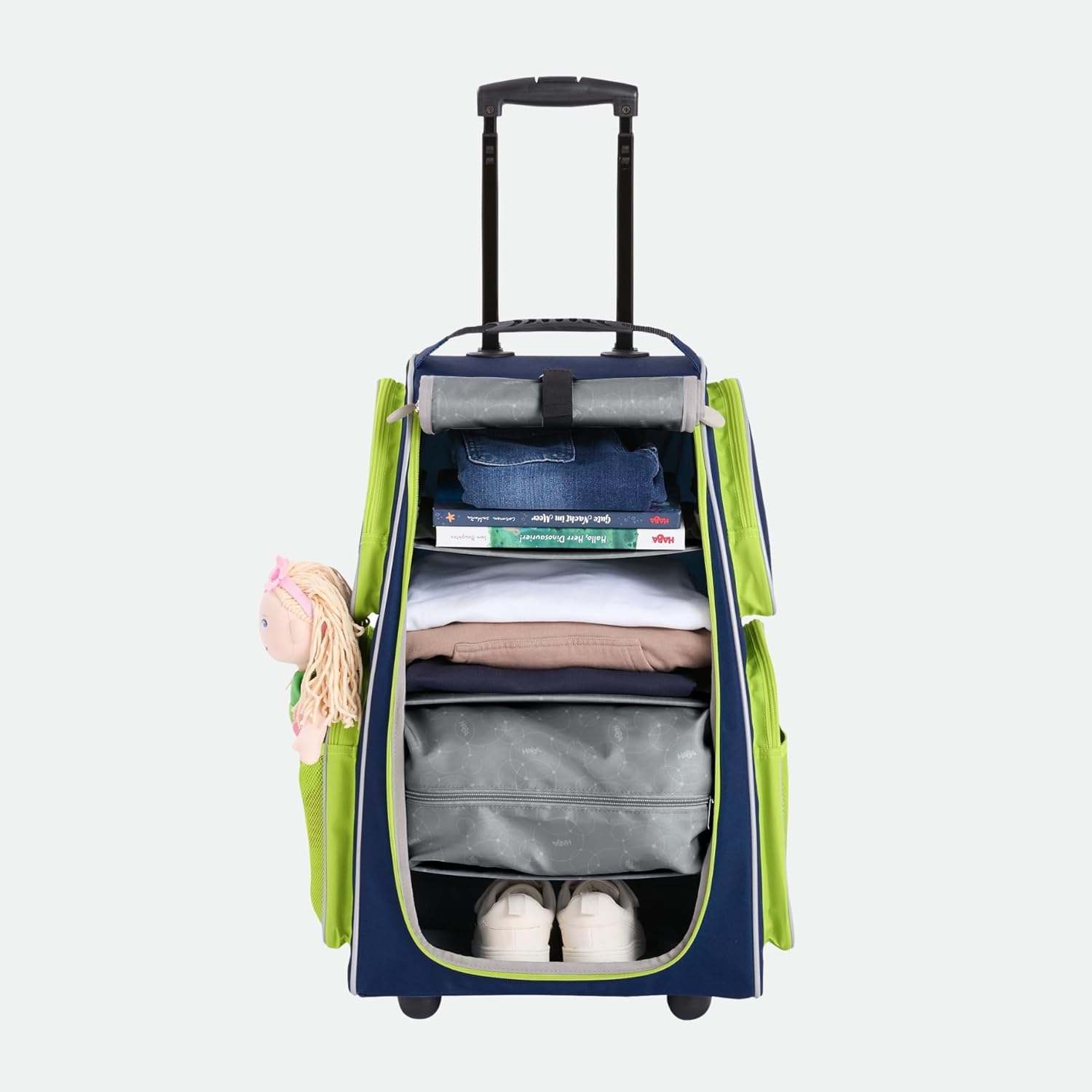 HABA Kinder-Schranktrolley Dunkelblau mit 2 Rollen – Kinderkoffer aus recyceltem Polyester mit Schmutzwäschebeutel, 3 herausnehmbaren Böden und 4 Reißverschluss-Außentaschen – 2012725001