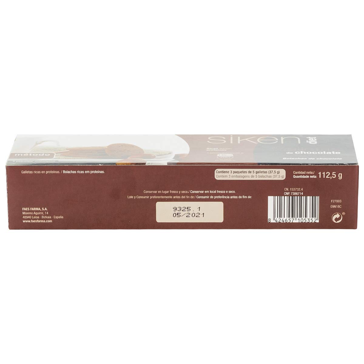 Siken Diet - Galletas de Chocolate, Ricas en Proteínas, Snack Ideal para Picar entre Horas - Caja con 3 Sobres de 5 Galletas,112.5 g