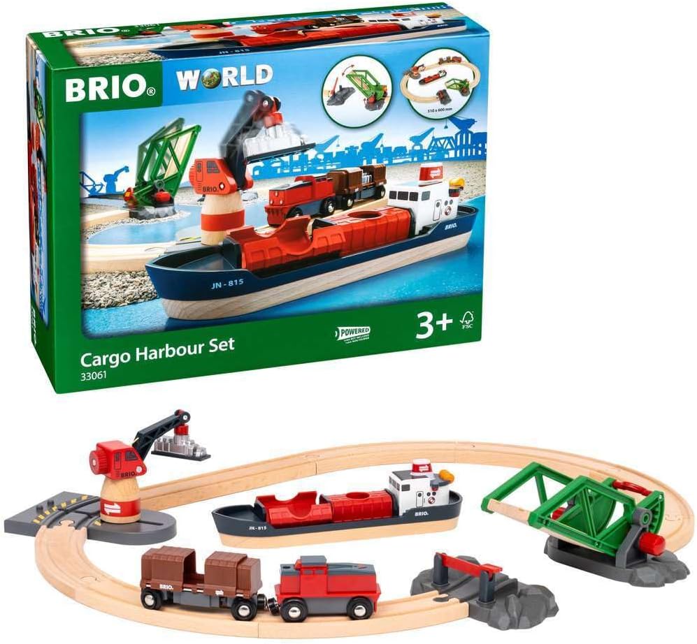 World - 33061 Cargo Harbor Set | 16-Piece Train Set with Accessories Wooden Tracks | Ideal Gift for Kids Aged 3+ | Certified Sustainable Materials