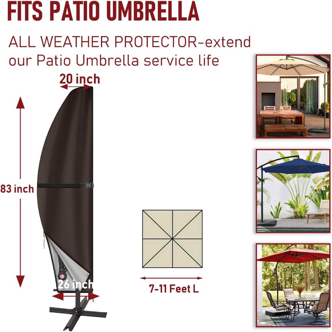 Patio Umbrella Cover Waterproof Outdoor Umbrella Cover Banana Parasol Cover for 9Ft to14Ft Cantilever Offset Umbrella (Brown, Fits Offset Umbrella 7.5 - 11.5 Feet) - Image 2