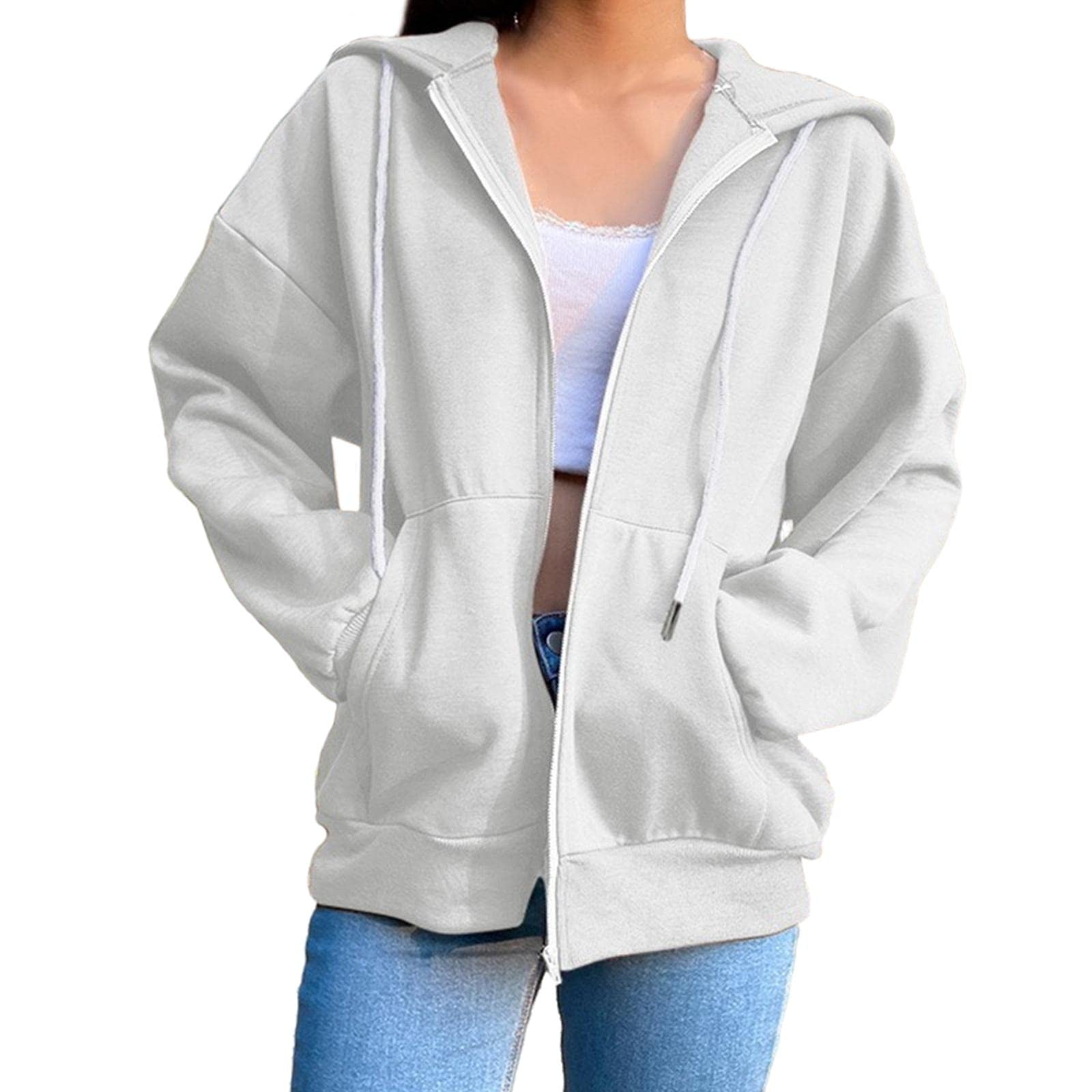 Women's Solid color Cotton Blend Zipper Hoodie Jacket loose Top Beige 2XL-image-46