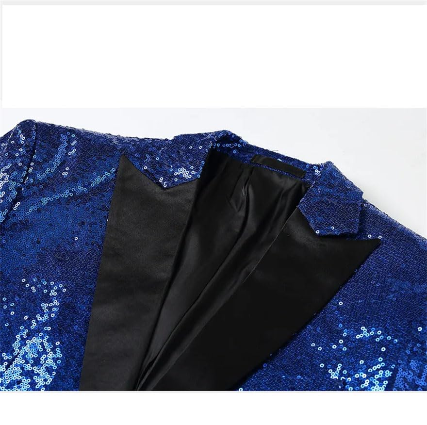 Men Sequin Tuxedo Suit with Black Lapel and Pants for Party Prom Silver M4