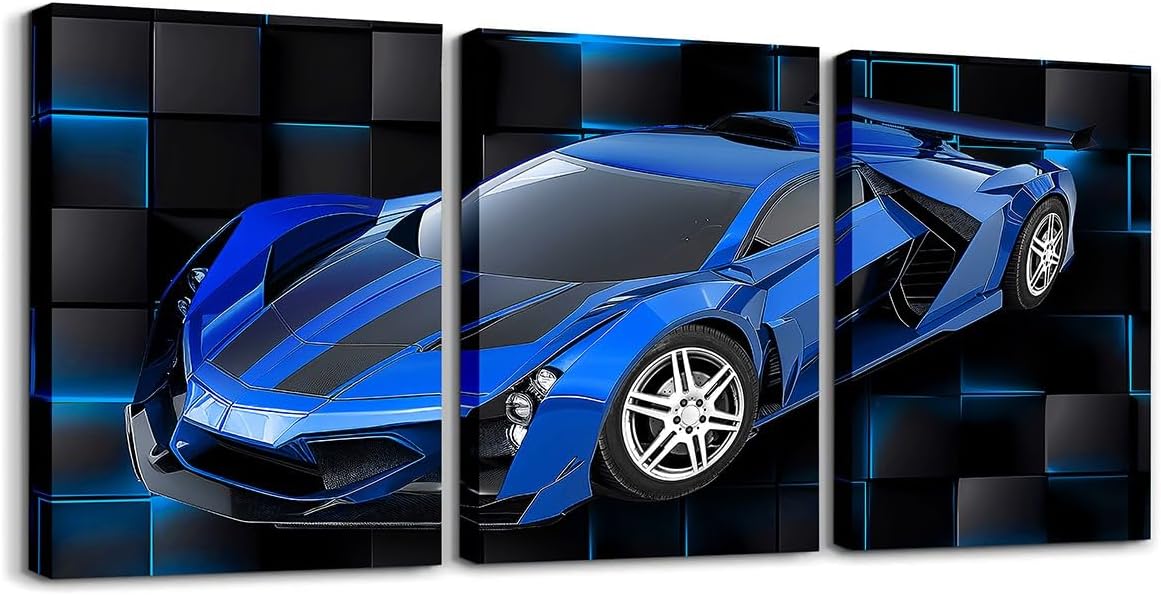 Feelyou Cuadro azul de carreras para pared, 12 x 16 pulgadas, 3 piezas de autos deportivos de velocidad, lienzo para decoración de pared, diseño