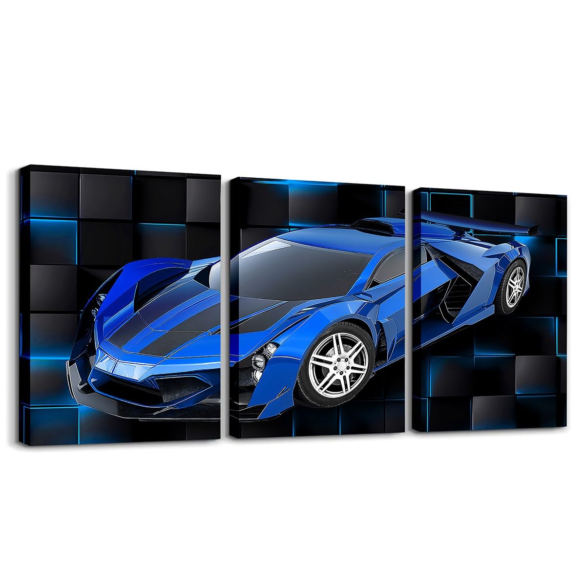 Feelyou Blue Race Car Picture Wall Decor 12"x16" 3 Piece Speed Sports Car Canvas Wall Art Decor Geometric Honeycomb Office Wall Decorations Artwork
